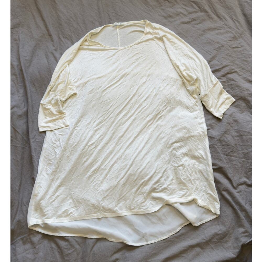 Color Me Red White Sheer Wide Curved Neck 3/4 Sleeve Long Back Shirt Womens